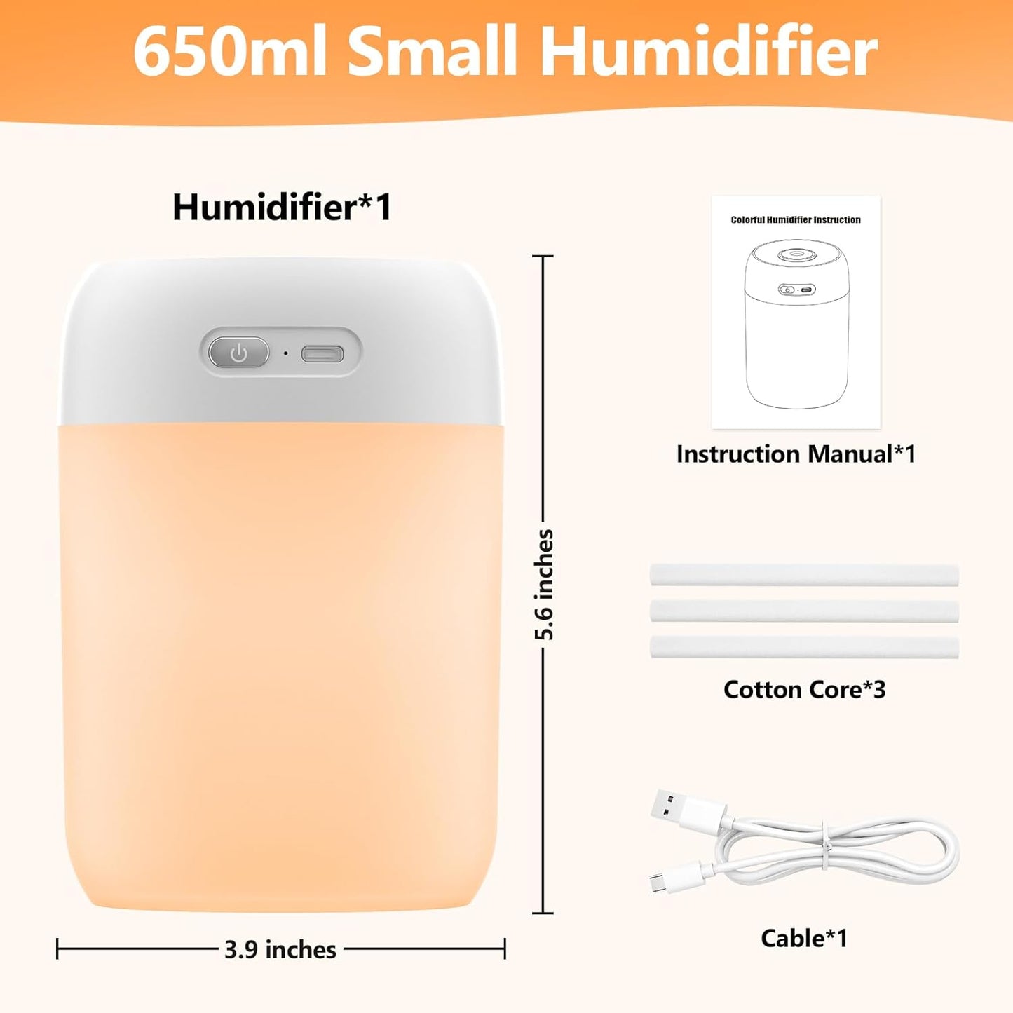 Portable Small Humidifier, 650ml Colorful Mini Humidifier for Bedroom, Office Desktop, Baby Room, Plants, Cool Mist Humidifiers(White)