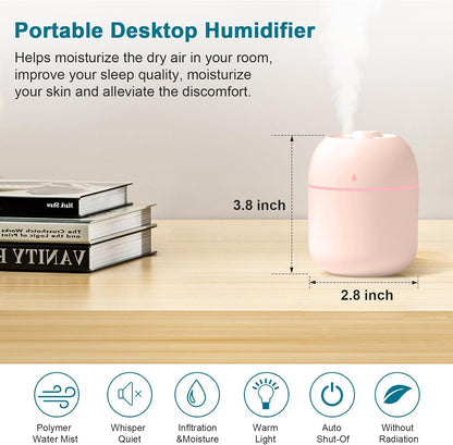 Portable Small Humidifier, USB Personal Desktop Humidifier , 2 Mist Modes, Super Quiet(220ml, Pink)