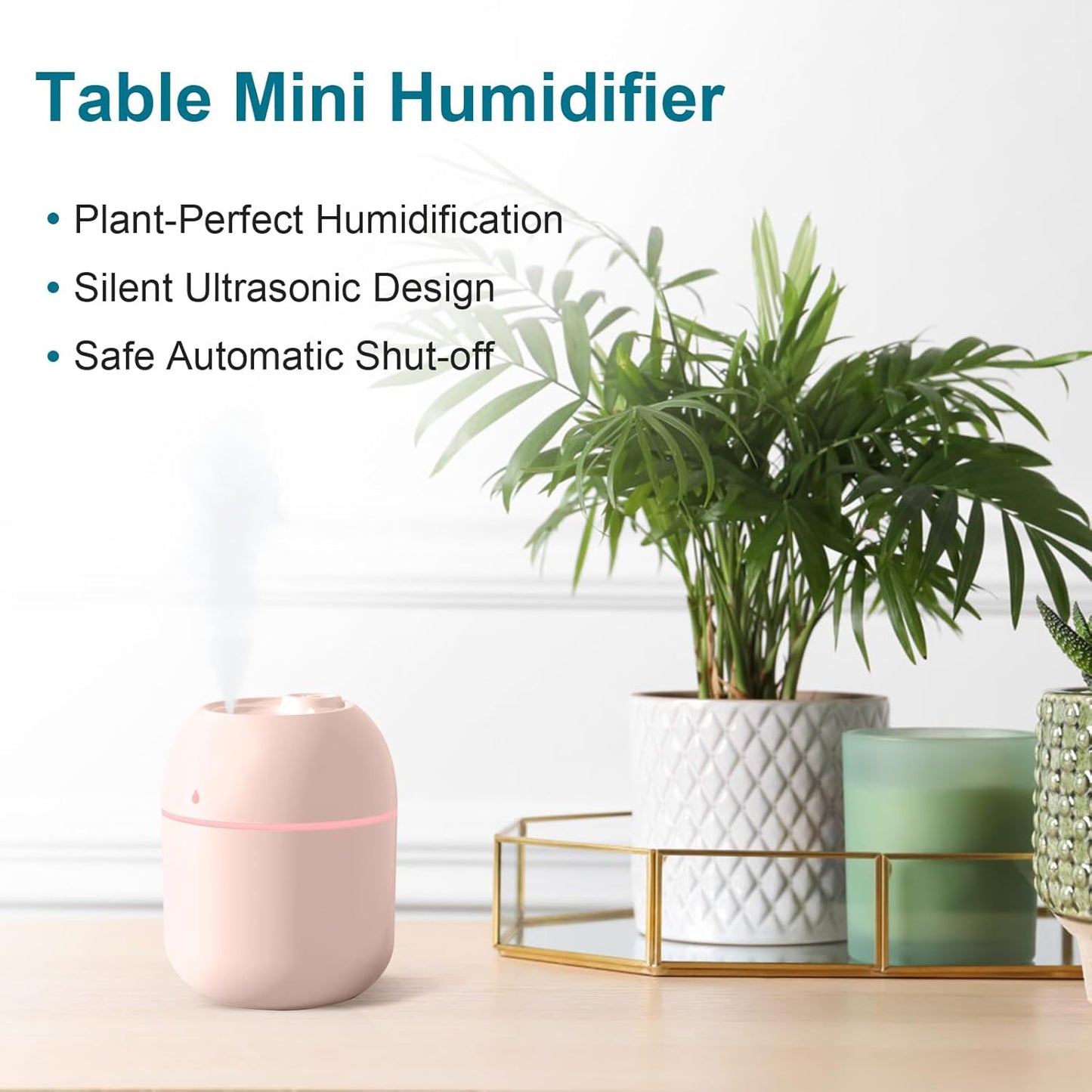 Portable Small Humidifier, USB Personal Desktop Humidifier , 2 Mist Modes, Super Quiet(220ml, Pink)