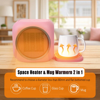 Desktop Space Heater With Hidden Mug Warmer, Electric Indoor Heater With Dual Heat Settings, Compact Personal Heater