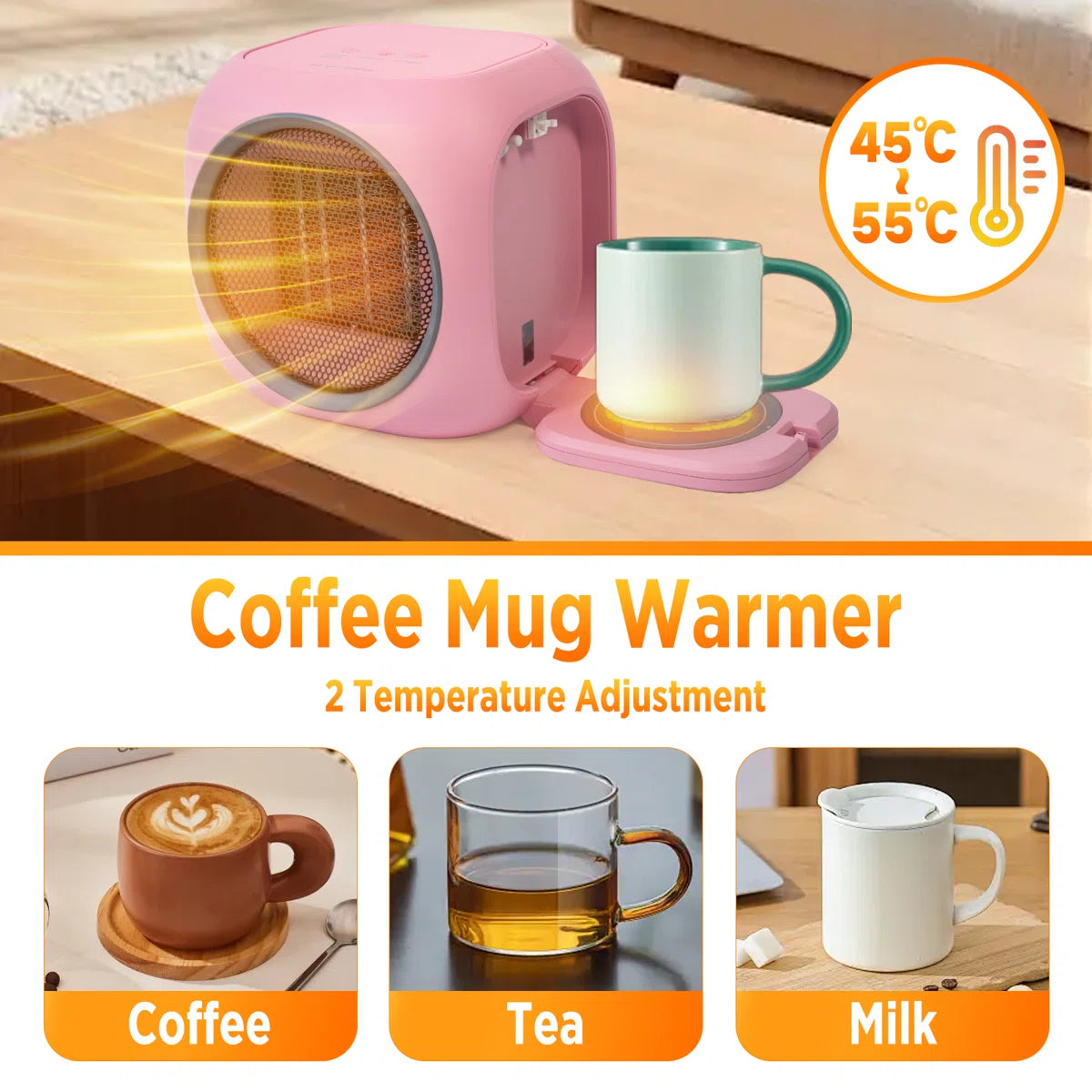 Desktop Space Heater With Hidden Mug Warmer, Electric Indoor Heater With Dual Heat Settings, Compact Personal Heater