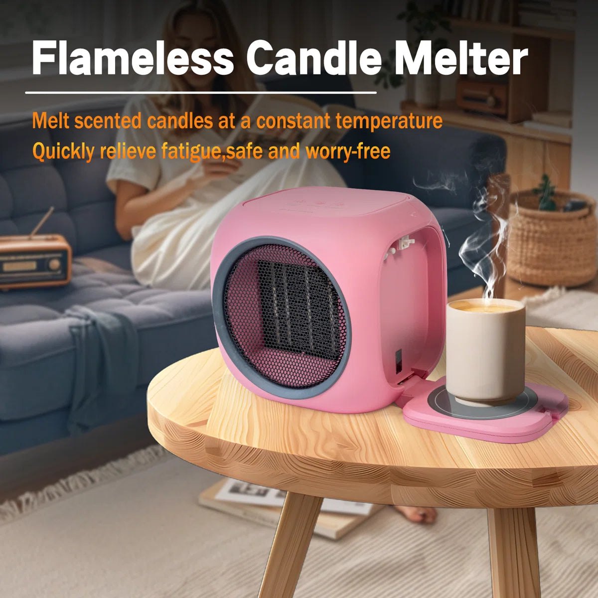 Desktop Space Heater With Hidden Mug Warmer, Electric Indoor Heater With Dual Heat Settings, Compact Personal Heater